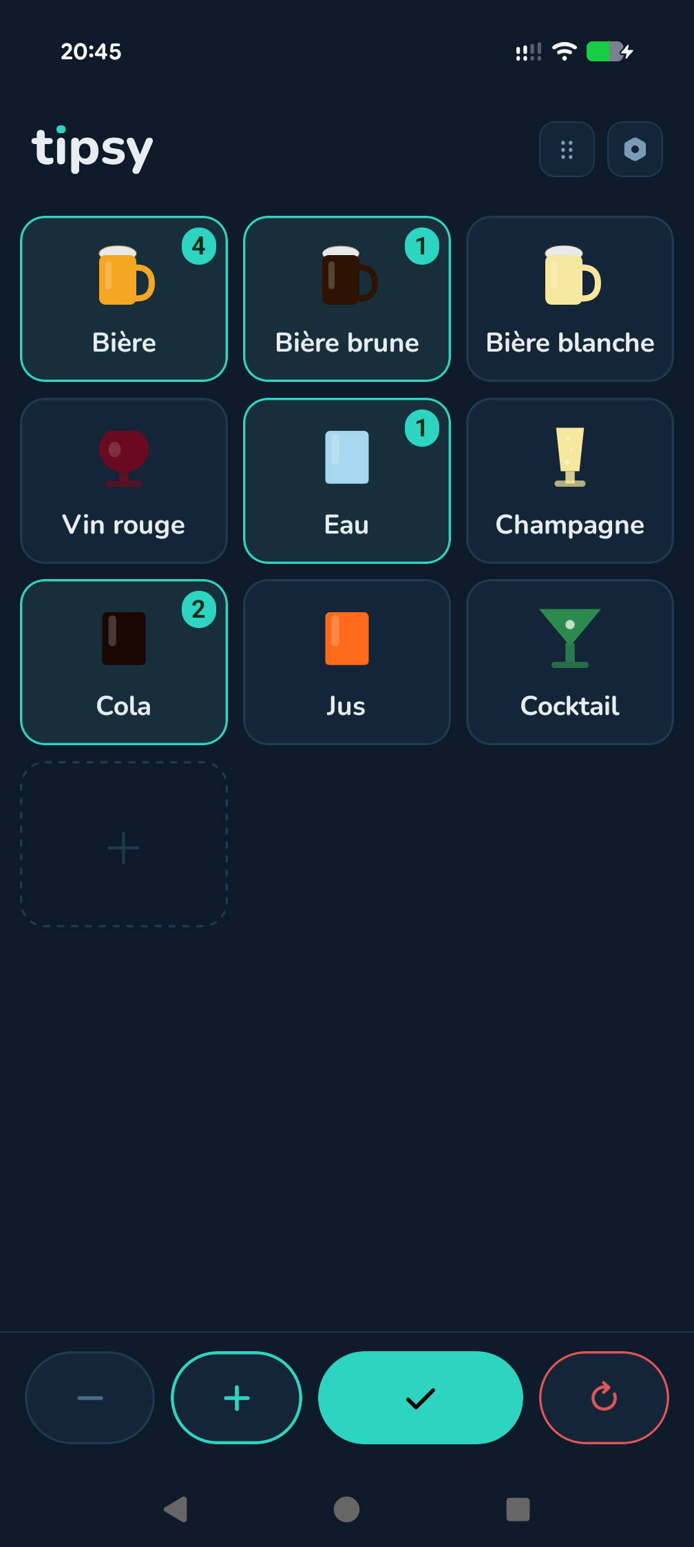 Écran de l'app Tipsy : grille des boissons